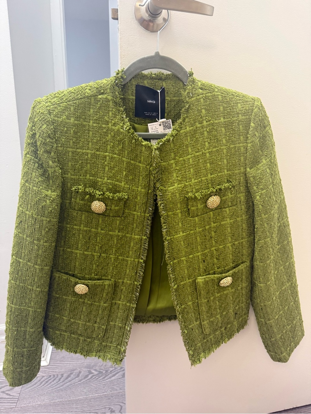 Mango Chartreuse Tweed Frayed-Edge Collarless Jacket